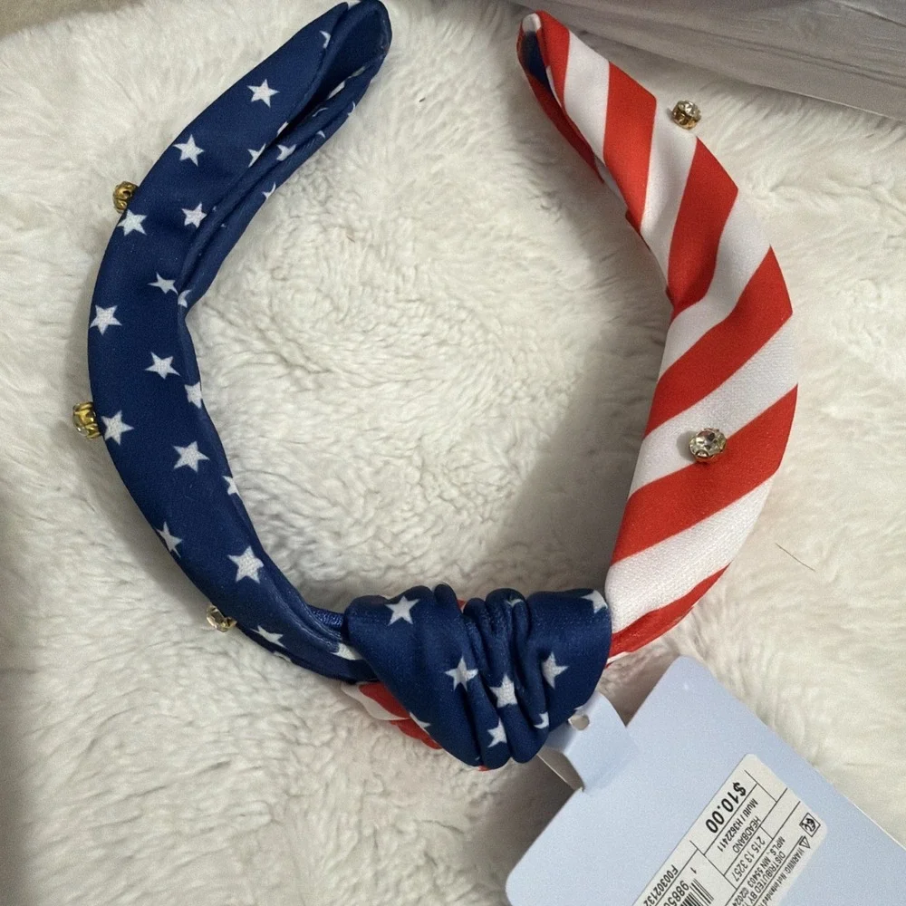 Patriotic American Flag Knot Headband Rhinestone Stars &‎ Stripes Red White Blue